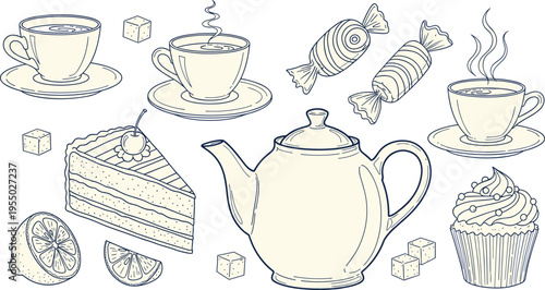 Hand drawn tea set and desserts illustration with teapot, cups, cake, candies and cupcake, vintage bakery line art for cafe menu, pastry design and food graphicsHand drawn tea set and desserts 