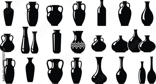 Ancient pottery silhouette collection with vases, amphora and ceramic jars, black decorative vessel icons set for historical design, museum graphics and antique art themesAncient pottery silhouette 