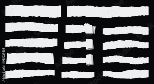 Torn paper strips collection with ripped edges and tape pieces, grunge collage elements for scrapbook design, vintage textures, background decoration and creative layout compositionTorn paper strips