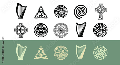 Celtic symbols and Irish ornaments collection with trinity knot, cross, spiral and harp icons, decorative medieval patterns for cultural design, tattoo art and heritage brandingCeltic symbo