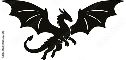 Bold black dragon silhouette vector with intricate wings and tail, high contrast design ideal for logos, tattoos, fantasy branding, and graphic design projects.