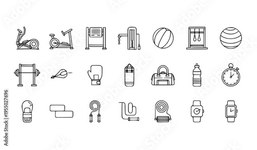 Minimal line gym equipment icons set thin outline fitness symbols for mobile apps and UI design
