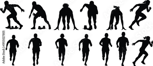 A collection of black silhouettes depicting various male and female athletes in different running poses, including starting block positions and full stride, against a white background.
