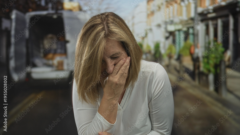 Fototapeta premium Woman covering mouth with hand on a sunlit urban street lined with shops and a parked van in background; amusement.