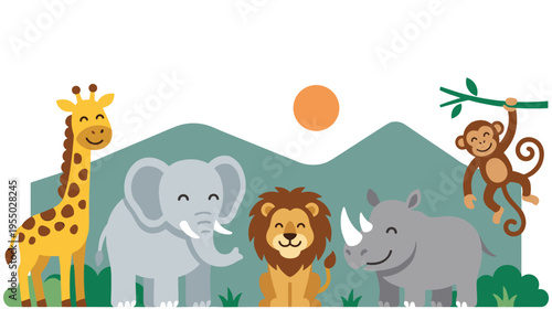 Wild african animals standing together in front of mountain landscape