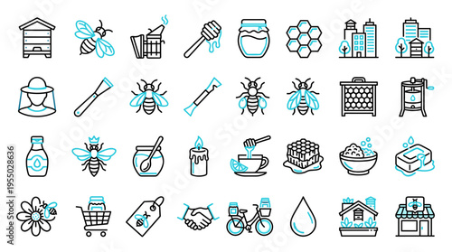 Set of thin line honey and beekeeping icons for apiary business and organic honey production