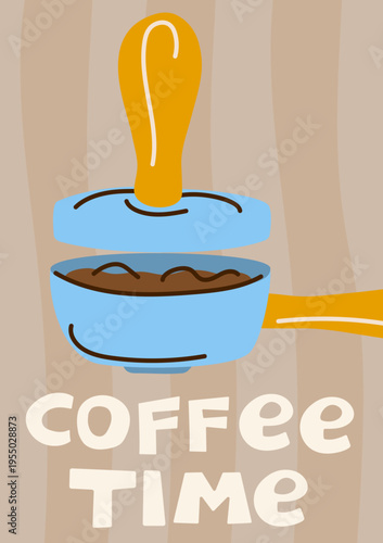 Coffee time poster. Portafilter vector with tamper, coffee grounds, and text for morning cafe branding, barista promotion, and wall art.