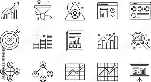 Global Logistics and International Finance Line Icon Set Featuring Cargo Shipping, Worldwide Currency Exchange, Global Trade Networking, and Business Growth Analytics