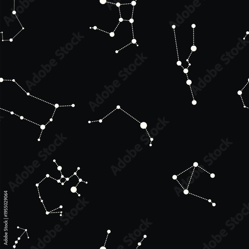 Seamless vector pattern. Connecting constellation stars through glowing dotted lines, mapping celestial networks across dark starry background representing astronomical research and space exploration