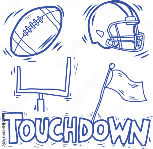Collection of hand drawn doodle icons representing essential elements of American football including a spinning ball a protective helmet goalposts a waving flag and the word touchdown