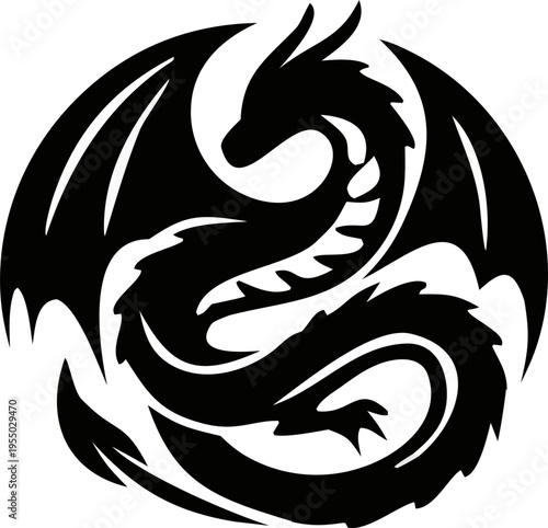 Modern dragon silhouette vector with strong black lines, detailed wings and tail, great for branding, logo creation, tattoo designs, and fantasy illustrations.