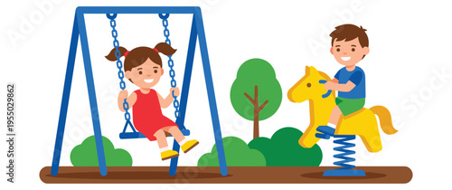 Happy children playing on swings and spring rider in outdoor playground