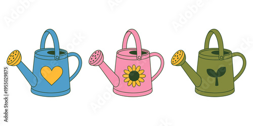 Colorful cartoon watering cans with different symbols