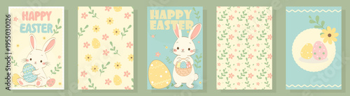 Easter Bunny and Floral Pattern Set, Cute Pastel Spring Cards and Backgrounds Collection