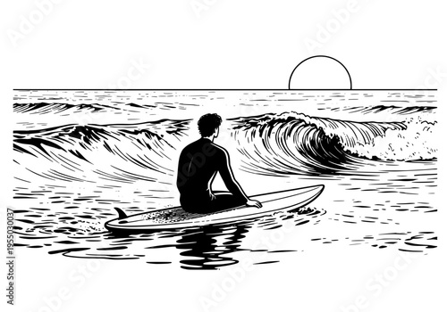Surfer Sitting on Board Watching Sunset Line Art
