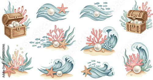 Underwater ocean vector collection featuring treasure chest waves coral pearls starfish and fish marine adventure illustration set
