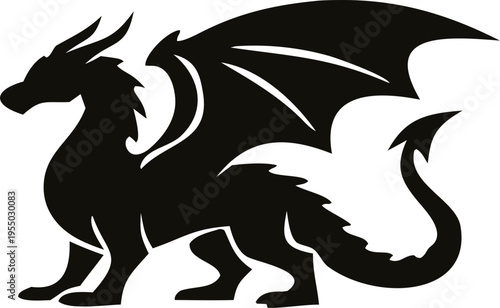 Clean and detailed dragon silhouette vector in high contrast black, featuring elegant wings and tail, perfect for logos, icons, tattoos, and fantasy projects.