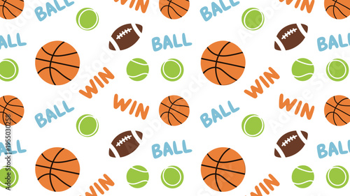Colorful sports balls and win text on white background