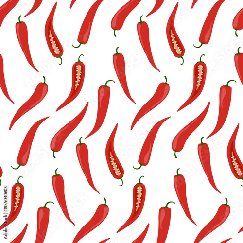 Chili pepper seamless pattern. Red hot spicy vegetable background for Mexican food menu, kitchen textile, and restaurant wrapping paper flat vector.