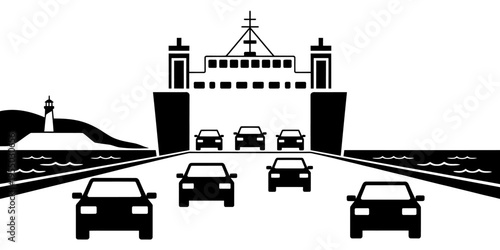 Ferry cars driving on road to ship  transport scene