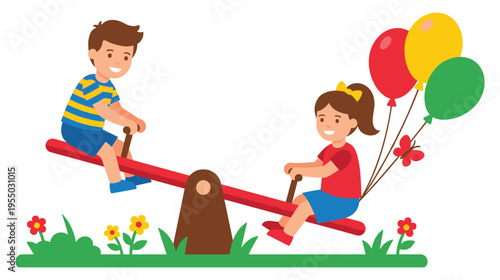 Cheerful children on seesaw with colorful balloons in a green park