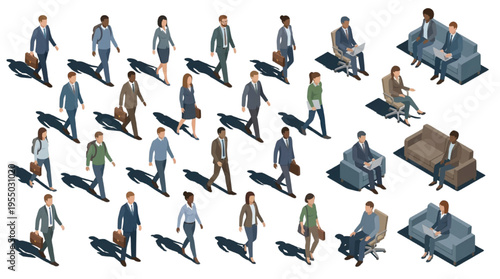 Isometric Business People Character Set: Diverse Corporate Workers Walking, Sitting, and Using Laptops with Shadows
