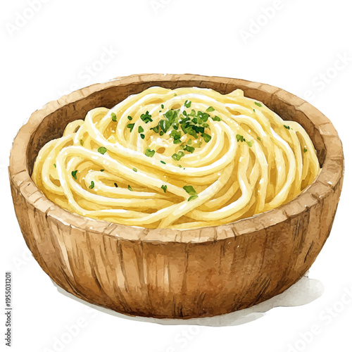 Udon Noodles, illustration watercolor artwork with subtle gradients and elegant contours, isolated on a white background.