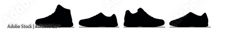 Four solid black sneaker silhouettes in varying athletic shapes shown side by side.
