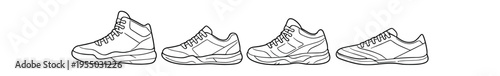 Four athletic sneaker outlines with visible midsole contours and lace patterns in a row.