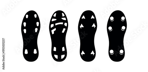 Four black shoe sole silhouettes with different cleat and traction patterns on a white background.