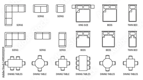 Top View Interior Furniture Floor Plan Vector Set: Beds, Sofas, and Dining Table Blueprint Symbols