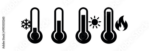 Four black thermometer icons indicating cold, moderate, warm, and hot conditions with snowflake, sun, and flame symbols.