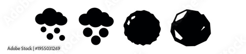A row of black weather icons including raining clouds with drops and circular hail shapes.