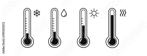 A row of four thermometer icons showing different temperature levels with small weather symbols.
