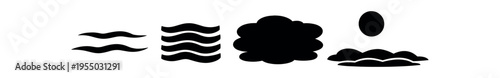 A sequence of black weather symbols including wavy lines, stacked waves, a cloud and a sun over horizon.