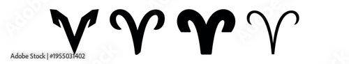 A row of four black aries horn symbols in varying stylized forms including bold and outline versions.
