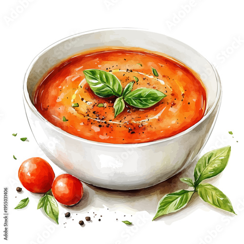 Tomato Soup, illustration watercolor with dynamic strokes and balanced color harmony, isolated on a white background.