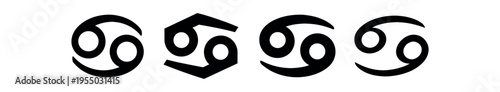 Four black stylized cancer zodiac symbols presented in varying simple graphic styles on a white background.