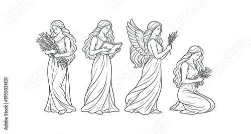 Four detailed line art figures of virgo women in flowing dresses holding wheat, a book and in a kneeling pose with one winged figure.