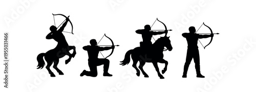 A row of black silhouette archers including centaur figures and human figures in various shooting poses.