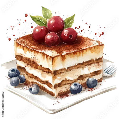 watercolor of Tiramisu illustration, isolated on a white background.