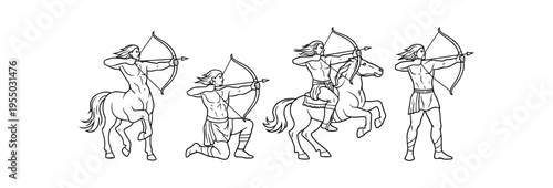 Four detailed line art illustrations of centaur and human archers in different shooting stances.