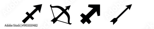 A collection of varied sagittarius and arrow symbols shown as black and outline icon shapes.