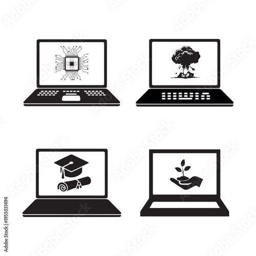 Laptop with microchip ,explosion ,education ,agriculture  icon