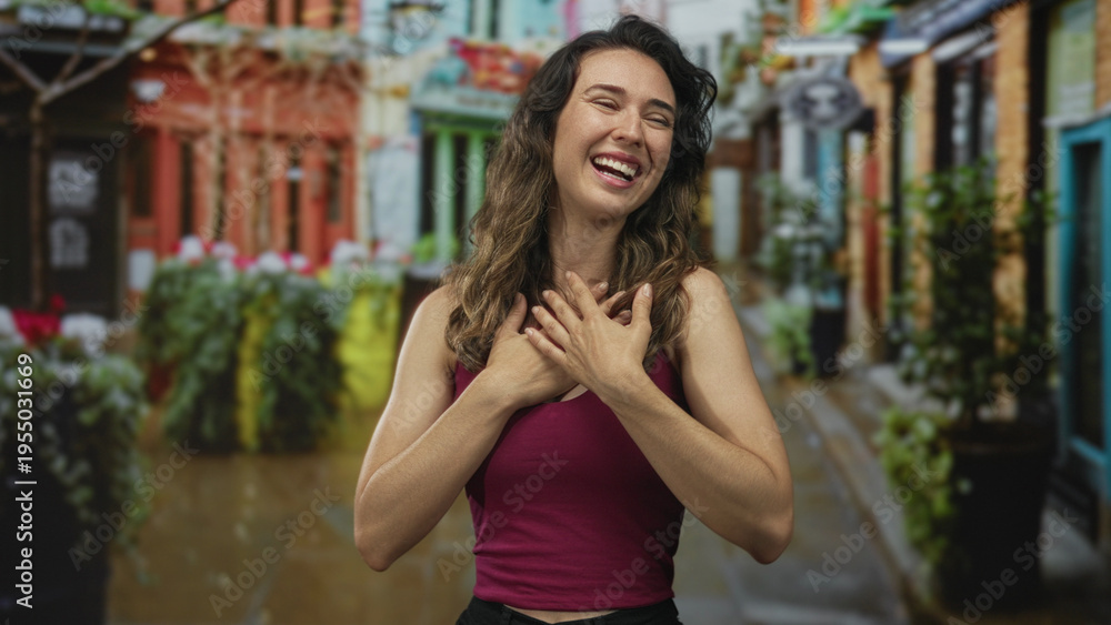 Fototapeta premium Woman with arms extended in welcoming hug on vibrant cobblestone street flanked by lush potted plants; joyful welcome.