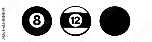 Three black billiard balls in a row including an 8 ball, a striped 12 ball, and a plain solid ball.