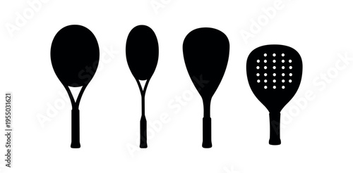 Four solid black paddle silhouettes with varied head shapes and one perforated paddle in a row.