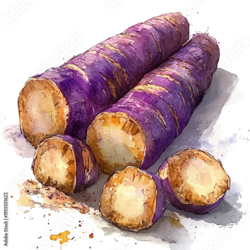 Taro Root, illustration watercolor artwork with subtle gradients and elegant contours, isolated on a white background.