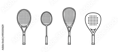 Four line art racket illustrations including two stringed tennis styles and two solid headed sport rackets.