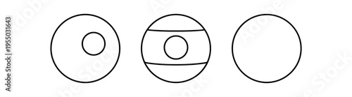 Three outlined billiard ball shapes including a ringed striped ball and two plain circular outlines.